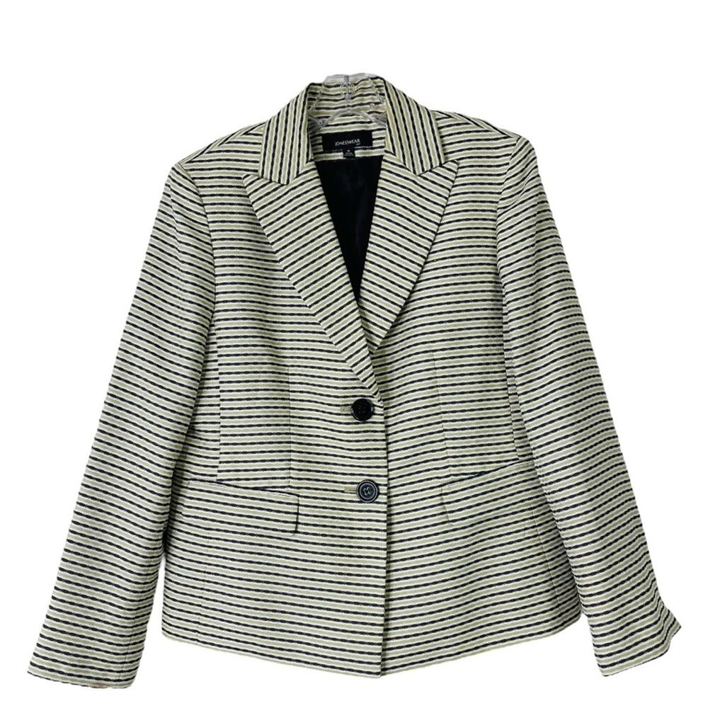 Jones New York black white green striped coastal preppy blazer jacket 14